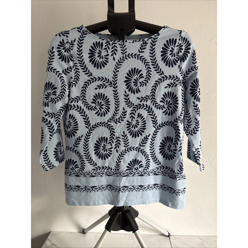 Talbots Women Medium Light Blue Navy Floral Scroll Vine Boatneck 3/4 Sleeve Top
